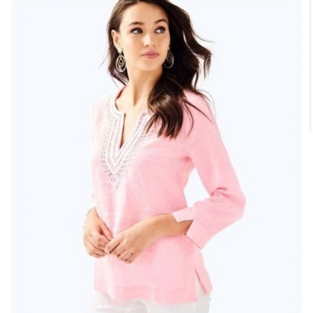 Lilly Pulitzer Peachy Pink Embellished V-Neck Linen Tunic